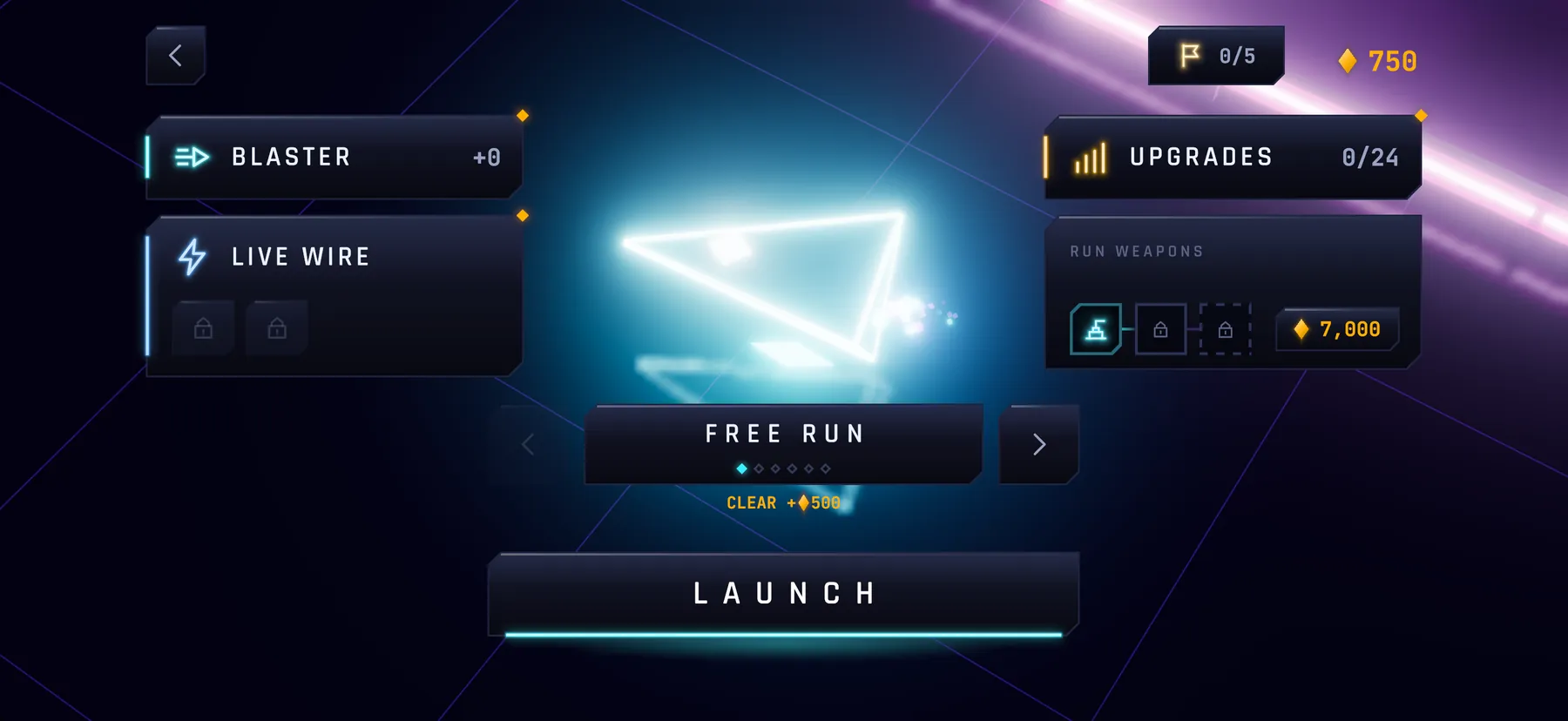 Neon Overrun hangar: weapons and upgrades around the glowing ship, ready to launch