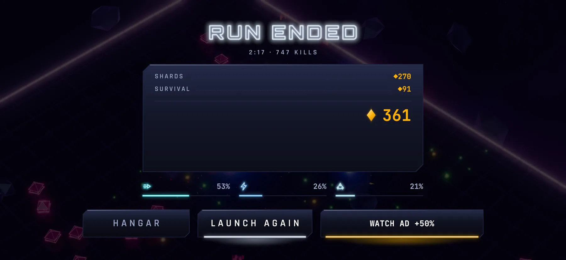Neon Overrun run results: shards earned, survival bonus and weapon damage share